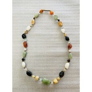 Vintage Gemstone Necklace 22" Amethyst Quartz Agate Carnelian Beggar Beads Brass